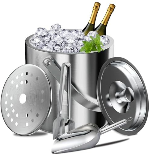 Feelhap Secchiello Ghiaccio in Acciaio Inox, Secchiello Ghiaccio 3L Acciaio Inox Doppia Parete Portaghiaccio con Manico Pinze Coperchio e Filtro, Bottiglie Raffreddamento Secchio Cestello Ghiaccio