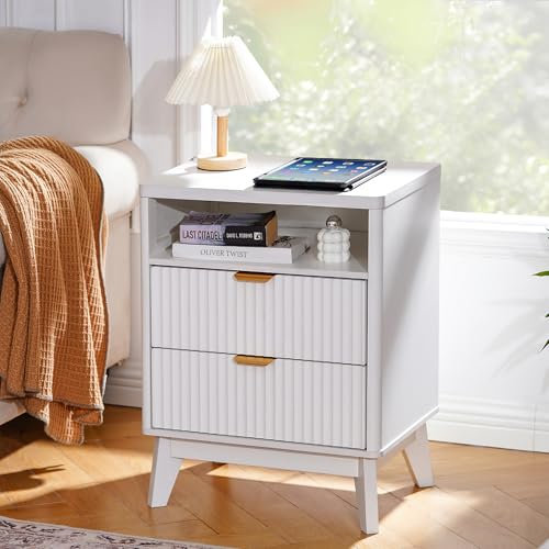 LYNCOHOME Bedside Cabinet with 2 Drawers, White Bedside Drawers, Nightstand with Storage, Ideal for Bedroom, Living Room, Modern Design, 50 x 38 x 64.5 cm
