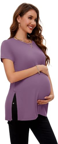 Smallshow Ropa de Maternidad Manga Corta Side Split Tops Embarazada,Misty Lilac,S