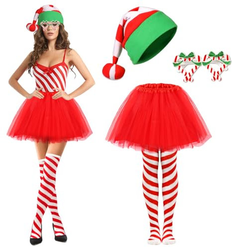4 Stück Zuckerstangen Kostüm Weihnachten Damen, Weihnachtsmützen Weihnachtsbrillen Tüllrock Rot Weiß Gestreifte Kniestrümpfe, Candy Kostüm Weihnachts Kostüm Damen für Weihnachts Karneval Cospaly Party
