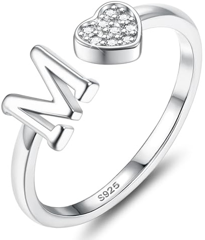 JeweBella Bague Argent 925 Lettre A-Z Coeur Reglable Empilables Fiançailles, Promesse, Mariage Pouce Prénom Initiale Femme Fille Boîte