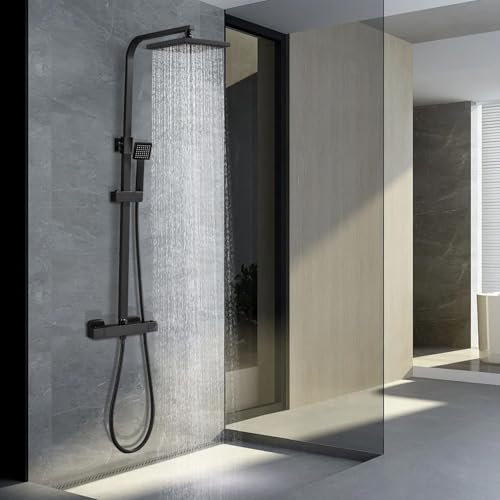 STANEW Colonna Doccia Con Miscelatore Termostatico,Set Doccia a Pioggia con Soffione e Doccetta a Mano，Doccetta flessibile, in acciaio INOX 304，Regolabile in altezza, Nero