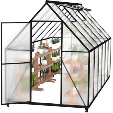 UISEBRT Växthus för trädgård, tomatväxthus med fundament, drivsäng, växthus med fönster och väderbeständiga ihåliga kammarplattor, trädgårdsväxthus, 340 x 180 x 195 cm, UV- och frostbeständigt