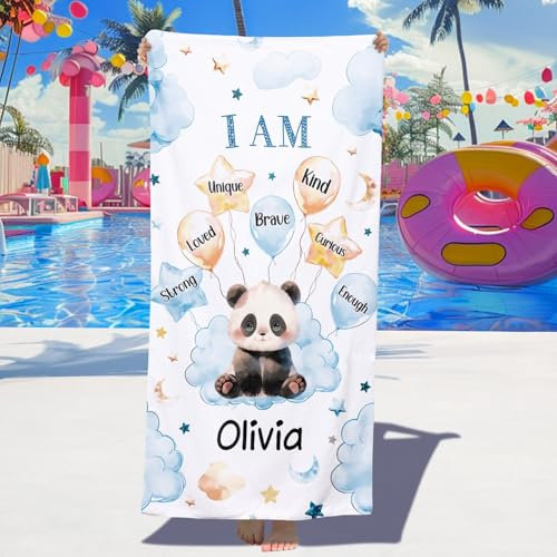 Dihope Personalised Beach Towels for Kids - Custom Beach Towels with Name - Quick Dry Soft Microfibre Swimming Towels for Kids, Customised Bath Pool Beach Towel for Boys Girls (B-Panda Balloon)