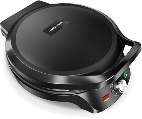 KEINVE 1500W Electric Griddle, 2-in-1 Indoor Griddle and Pizza Maker with 30-Min Timer and Auto Shut-Off, 12 180° Open for BBQ, Steak, Burgers, Salmon, Veggies, and More