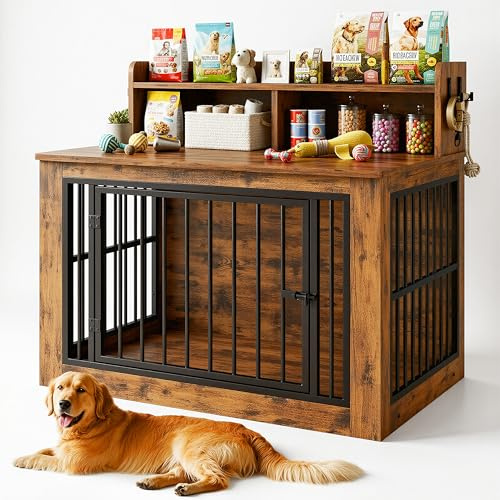 IRONCK Extra Large Dog Crate Furniture, 43.3 inches Wooden Dog Crate with Storage and 4 Hooks, Heavy Duty Pet Crate for Large Dog, Decorative Pet Cage for Indoor (30 L x 43.3 W x 41.1 H)