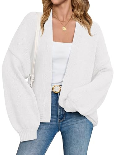 Saodimallsu Womens Open Front Cardigans Long Lantern Sleeve Oversized Chunky Knit Casual Fall Sweater Coat White