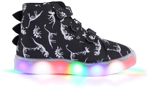 Boys Light Up Flashing Trainers – Dinosaur Design, Red, Black & Multi-Colour, Kids Trainers, School Shoes (Black, UK2)