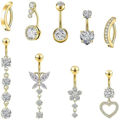Lechisenop 9 Pcs Belly Button Bars Belly Ring Surgical Stainless Steel Belly Button Piercing, Flower Heart Butterfly Dangly Belly Ring Dangly Belly Button Bars Navel Piercing Jewelry for Women Girls