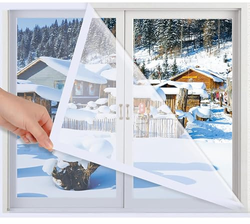 Film d'isolation thermique pour fenêtre, film d'isolation pour fenêtre 63 x 63 cm, épais, thermique transparent avec ruban de fixation, chaleur découpable pour l'hiver