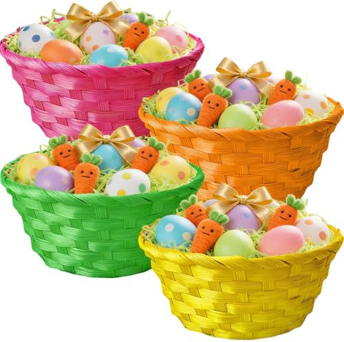 Cestino pasquale con erba decorativa, 4 pezzi di vimini di Pasqua, cestini per uova di Pasqua, 20 x 15 cm, fai da te con 100 g di erba pasquale verde per uova di Pasqua, snack, panini e chiavi