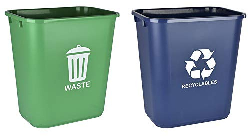 Acrimet Wastebasket Bin for Recycling and Waste, 6.75 Gallon/ 27 Quart/ 24 Liter, Trash Can (Plastic) (Green and Blue) (Set of 2)