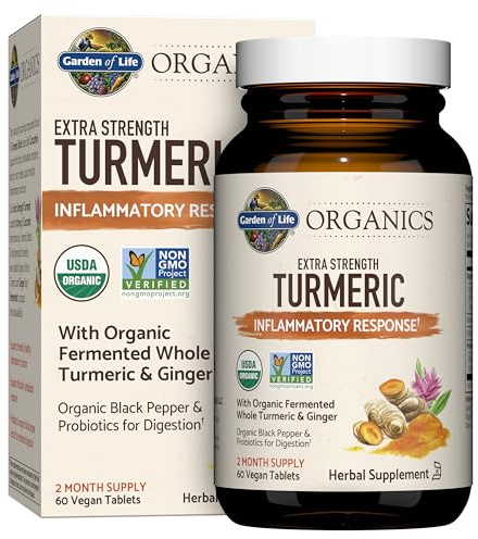 Garden of Life Organics Extra Strength Turmeric Inflammatory Response 60 Tablets-100mg Curcumin (95% Curcuminoids) Black Pepper, Probiotics, Organic Non-GMO Vegan Gluten Free Herbal Supplement
