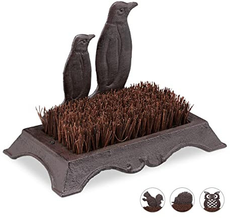 Relaxdays Schuhbürste, Gusseisen, Pinguin Design, harte Kokos-Borsten, Außenbereich, antiker Schuhabstreifer, braun