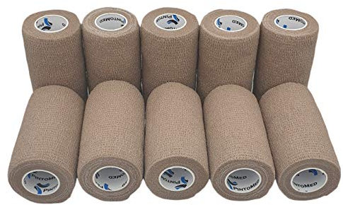 PintoMed Selbstklebender Verband Gedehnt -10x Beige - 10cm x 4,5m Bandagen Rollen Haftbandage Fixierbinde Selbsthaftend Health Pflaster Sport Tape Stück für Handgelenk Bein Arm Vet Wrap