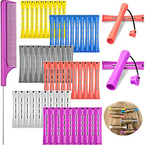WILLBOND 60 Pieces Hair Perm Rods Set Plastic Cold Wave Perming Rods for Natural Hair Long Short Curling Rollers with Rat Tail Comb for Hairdressing(Soft Color,Multi Sizes)