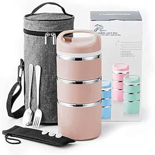Lille Home 1380ml Stackable Stainless Steel Thermal Compartment Lunch Box, 3-Tier Insulated Bento/Food Container with Upgraded Lunch Bag and Silicone Seals