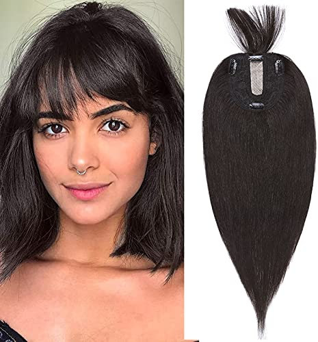 Silk-co Toupet Donna Capelli Veri con Frangia Clip in Hair Extension 10 * 12cm Base Toupee Capelli Umani Clip 35cm - 1B Nero Naturale