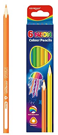 KEYROAD Buntstifte Neon Dreikantform - 6 Stück/Mischfarben/Erwachsene und Kinder/Weicher Graphit/Loch zum Aufhängen, KR971754