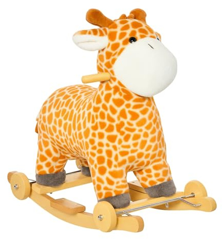 Qaba Rocking Horse, 2 in 1 Kids Ride on Horse, Rolling Giraffe Animal Rocker with Sound, Wooden Base, Pedal, Grip Handle, Plush Riding Pony for 3-6 Years Old, Yellow