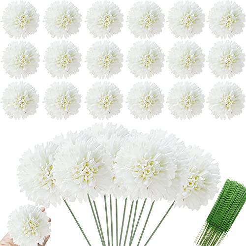 HinyoCo 30 st konstgjorda blommor i krysantemum boll med sidenstavar hortensia arrangemang bukett för hemmakontor kaffe och bröllopsdekoration (vit)