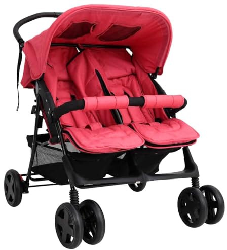 vidaXL Carrito para Gemelos Cochecito Sillita Gemelar Silla de Paseo Canasta Niños Reposapiés Ajustable Dosel Plegable de Acero Rojo