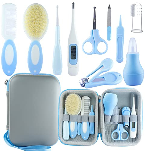 VZAYQUPXY Baby groomingkit, baby nödvändigheter för nyfödda, bärbar babyvårdskit, innehåller baby nagelklippare, babykam, babyborste, babyörontaxborttagningsverktyg med mera (10 i 1) (blå)