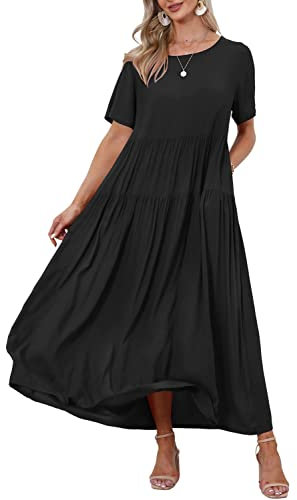 YESNO Women Dresses Casual Plus Size Bohemian Short Sleeve Floral Long Maxi Summer Beach Swing Dress/Pockets XL EJFUK Black