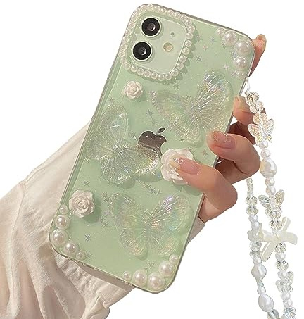 Faneiy för iPhone 11 fodral med telefonberlockkedja, 3D-fjäril, blomma, gulligt telefonfodral, kristallklart pärlfodral för iPhone 11, kvinnor, flicka