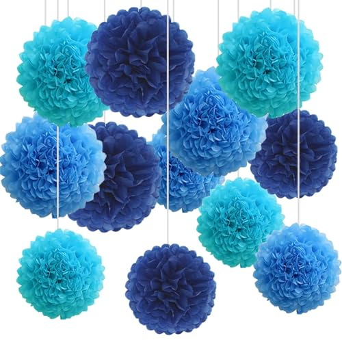 Lot de 12 Pompons Papier de soie Bleu pour Décoration Suspendre de Plafond de Fête(Bleu Marine, Bleu et Bleu Clair)