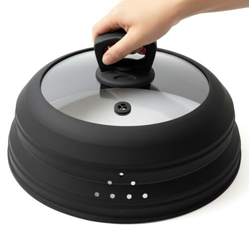 Couvercle anti-éclaboussures pour micro-ondes en verre de 30 cm avec poignée - Couvercle pliable en silicone avec grille d'aération pour casserole, assiette et bol (noir)