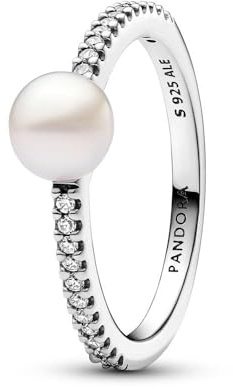 Pandora Timeless Anillo de plata de ley con perla blanca cultivada de agua dulce tratada y circonitas cúbicas transparentes, talla 50