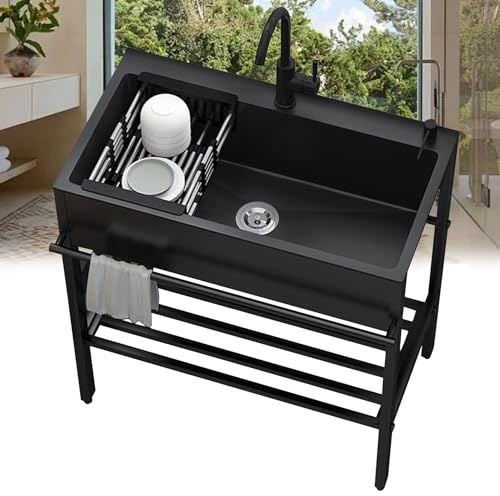 Lavello da Cucina 1 Vasca in Acciaio Inox,Lavandino da Esterno Professionale,80x45x86cm Lavabo Commerciale Autoportante con Rubinetto,Lavatoio Nero Multifunzione,per Interno Ristorante Garage