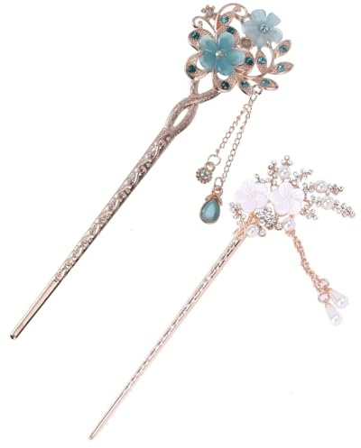 JEXOWIQ épingle à cheveux,2 pcs à cheveux vintage avec fleurs,Baguettes à cheveux vintage avec fleurs opales,Décoration chinoise,Ancienne pince à cheveux Barrette à cheveux rétro pour femme et fill