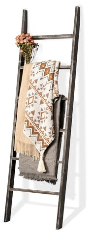 Blanket Ladder 6-Tier Washed Black, Rustic Towel & Quilt Display Rack