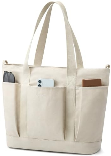 G4Free Women Tote Bag with Zipper Gym Tote with Compartments Casual Canvas Tote Bag Big Capacity Shopping Bag(Beige)