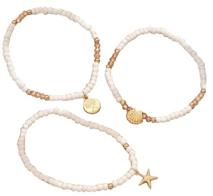 Tata Gisèle Set de 3 Bracelets de Cheville en Acier Doré et Perles de Verre, Blanc, Elastiques, Motif Coquillage, Arbre de Vie et Etoilre de Mer, Style Bohème Plage Ete Estival Vacances