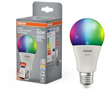 OSRAM Lampada LED SMART+ Matter A100 forma lampadina 14W E27 RGBW, dimmerabile, controllo tramite app e voce, compatibile con WiFi, Alexa e Google, alta efficienza