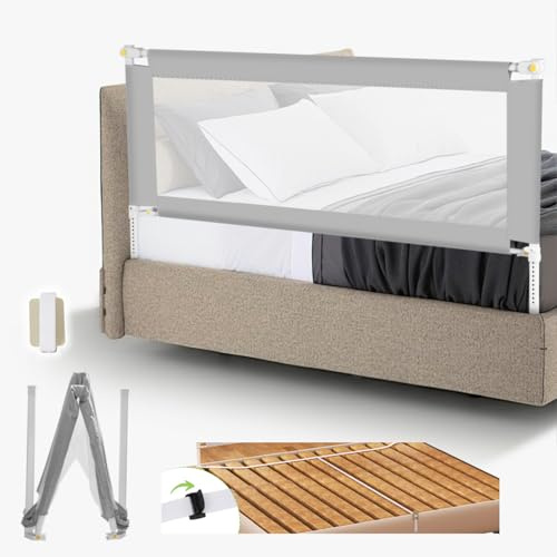 Jopassy Griglia di protezione per il letto, 200 + 150 cm, per bambini, protezione dalle cadute, letto a molle, pieghevole, montaggio arioso, protezione dalle cadute, colore grigio