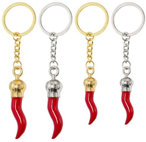 Sxutop 4 Pièces Porte Clé Piment Porte Bonheur Corne Rouge Porte-Clés Piment Italien en Alliage Corne Porte-Bonheur pour Bijou de Sac Homme et Femme