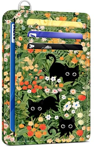 SEAVILIA Credit Card Holder for Women, Black Cat RFID Wallet Women, Slim Minimalist Front Pocket Card Holder, Cute Thin Travel RFID Blocking Card Case, Small Wallets Woman Gifts Girls