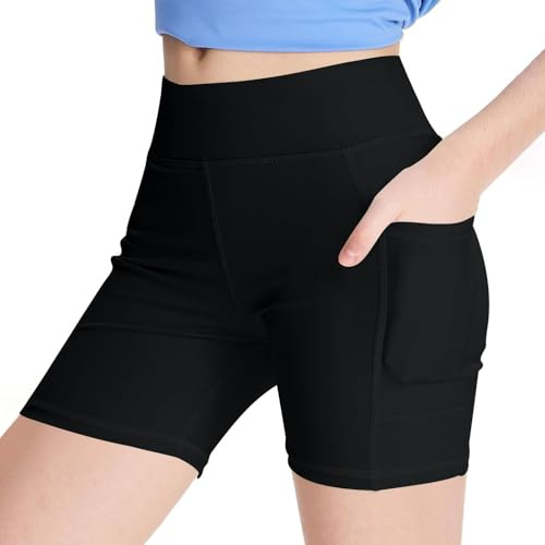 Girls Cycling Shorts with Pockets Plain Dance School P.E Gym Leggings, Kids Teens Stretchable Summer High Waisted Soft Sports Wear School Uniform Dancing 4-15 Years