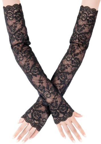 AVUELOI 1 Pair Gants Longs en Dentelle Noir Sans Doigts Demi Doigts Gants Longs Femme 40 cm Robe de Bal de Mariée Opéra Accessoires de Festival des Années 1920 Gants