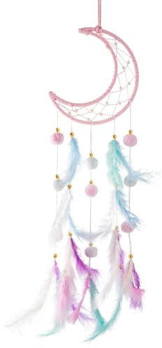 PEAPIN 1PCS Moon Dream Catcher, Girls Bedroom Accessories(Pink) | for Bedroom Wedding Party Decor, Birthdays, Festival, and Creative Gift for Girls