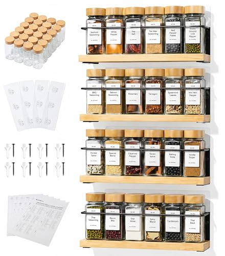 KitHero 4-Tier Wall Mount Spice Rack Organizer with 24 Glass Jars, 216 Labels & Funnel - Screw/Adhesive Mount, Black Metal & Bamboo Spice Storage for Kitchen Pantry Cabinet, 11.6”W x 2.4”D x 3.2”H