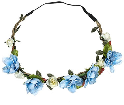 Dinglong Femme Fleur Bandeau MariéE Mariage Cheveux Bandes Accessoires Filles BohèMe Garland ÉTé Plage TêTe Bandes Coiffe ÉLastique Couronne Festival Bandeau (Bleu)