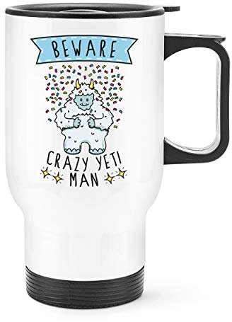 Beware Verrückte Yeti Mann Reise Becher Tasse mit Griff