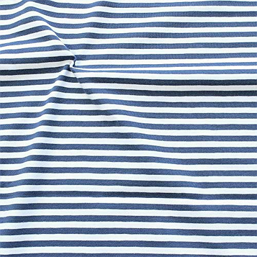 STOFFKONTOR Baumwoll Stretch Jersey Stoff Classic Ringel 2 - Meterware, Jeans-blau Weiss - Öko-Tex Standard - zum Nähen von Kleidern, Röcken, Shirts, Dekoration, UVM.