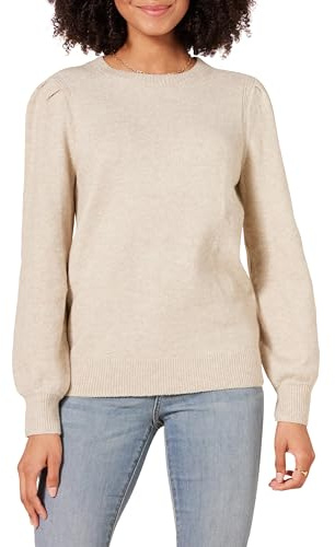 Amazon Essentials Jersey con Cuello Redondo y Hombros Plisados de Tacto Suave Mujer, Beige, L