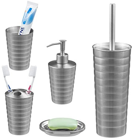 Relaxdays Badezimmer Set, 5-teilig, Badaccessoires Edelstahl gebürstet, komplette Badezimmerausstattung, modern, Silber